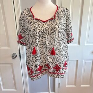 J. Jill Women Medium Blouse White Black Red Embroidered Tassel Floral Cotton Top